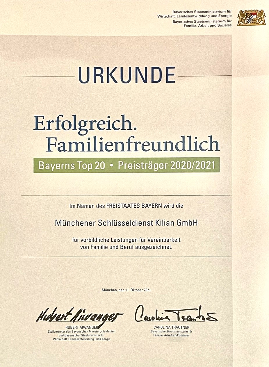 2021 Erfolgreich Familienfreundlich Preistrger Mnchener Schlsseldienst Kilian 2 Web